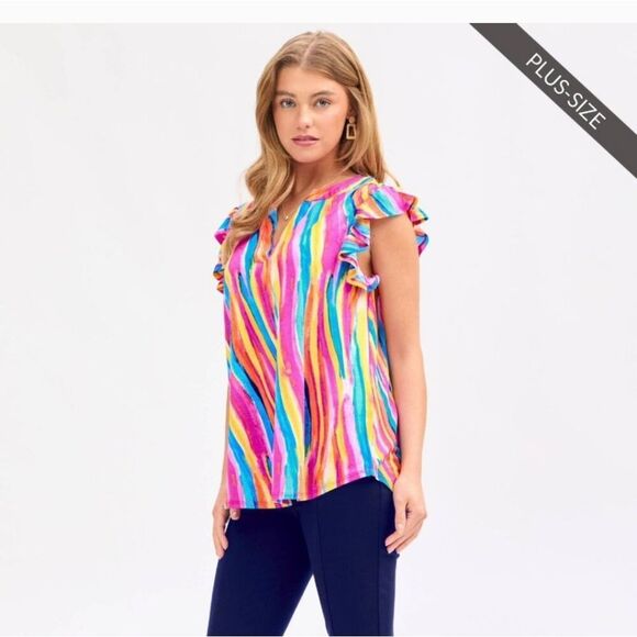 Colorful Striped Ruffle Sleeve Top NWTS Xl - Picture 1 of 3